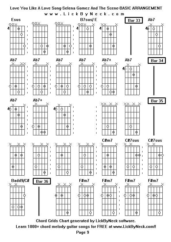 Chord Grids Chart of chord melody fingerstyle guitar song-Love You Like A Love Song-Selena Gomez And The Scene-BASIC ARRANGEMENT,generated by LickByNeck software.